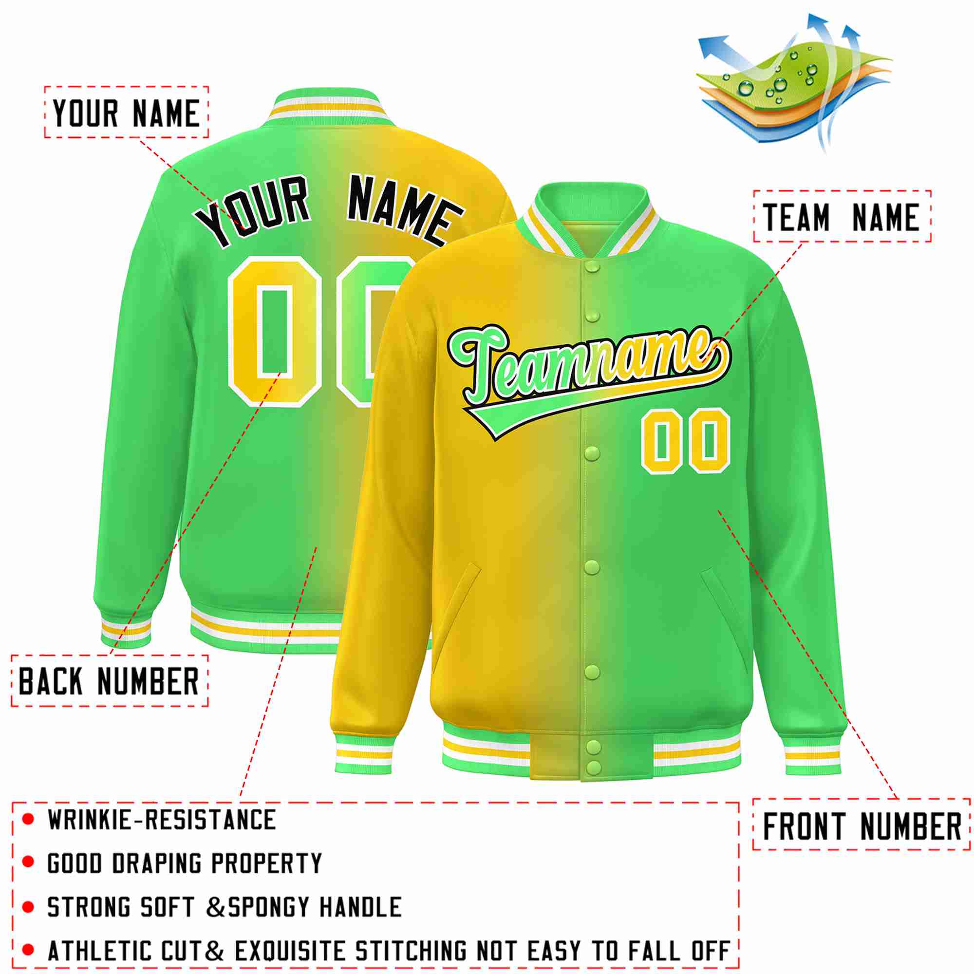 Custom Yellow Neon Green-White Gradient Fashion Letterman Bomber Varsity Jacket