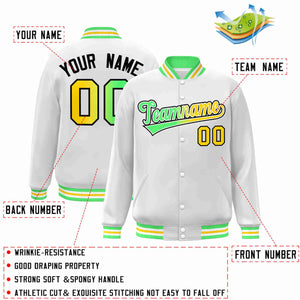 Custom White Green-White Gradient Fashion Letterman Bomber Varsity Jacket