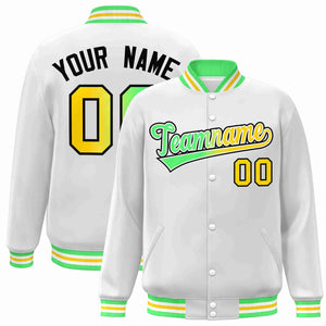 Custom White Green-White Gradient Fashion Letterman Bomber Varsity Jacket