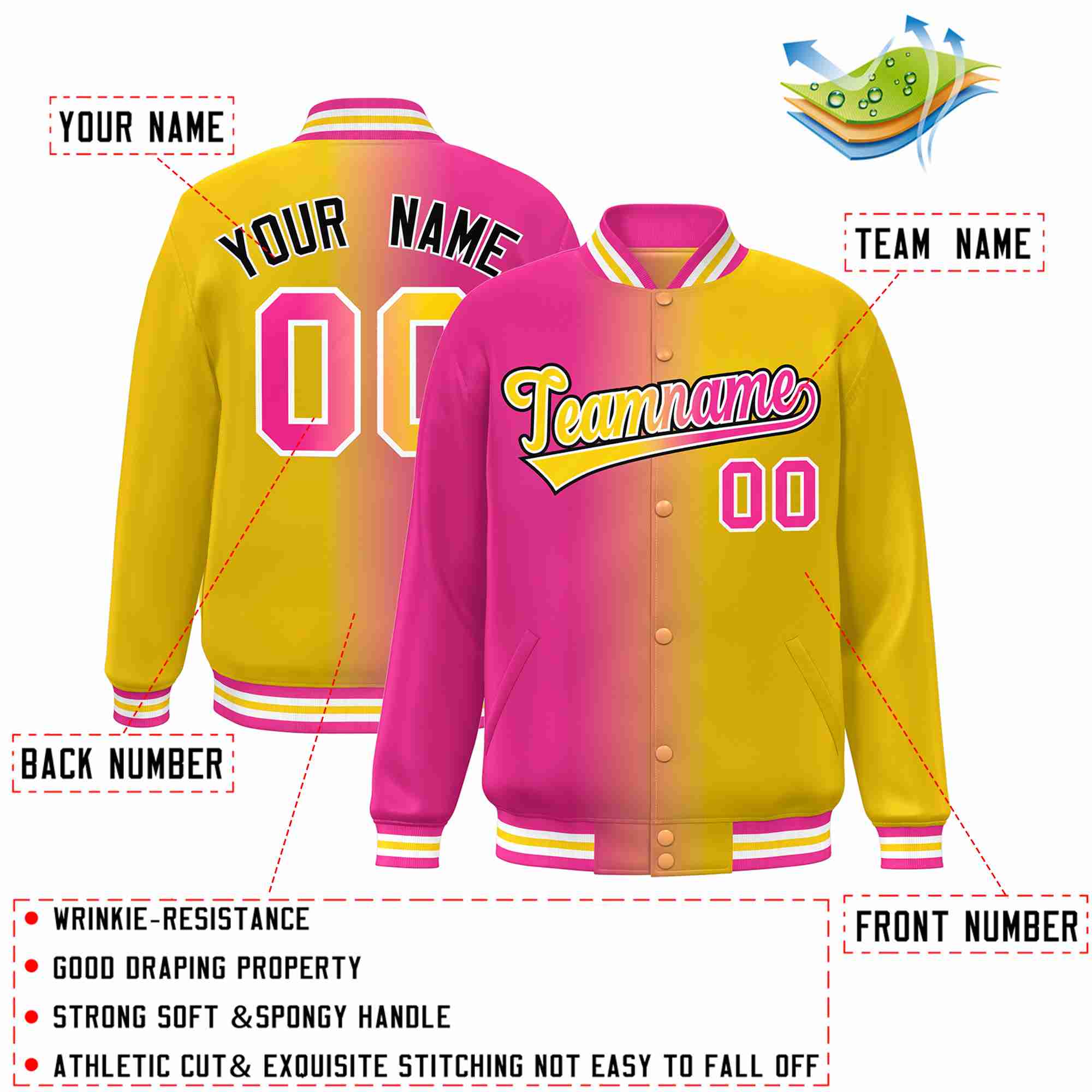 Custom Pink Yellow-White Gradient Fashion Letterman Bomber Varsity Jacket