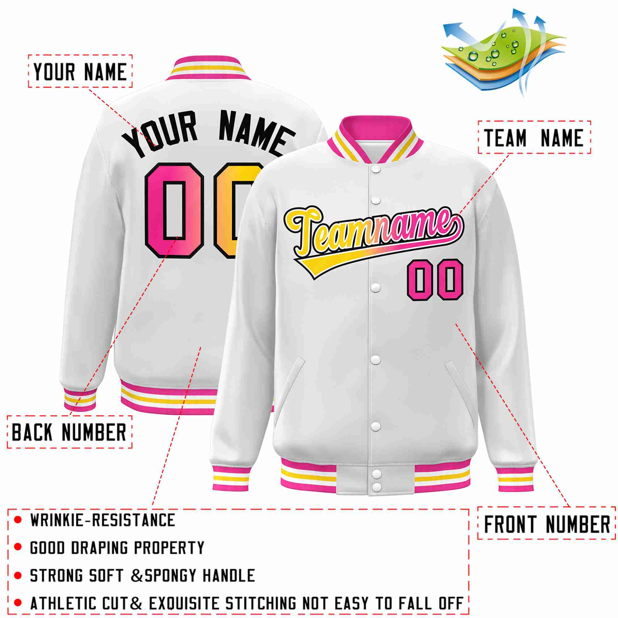 Custom White Yellow-White Gradient Fashion Letterman Bomber Varsity Jacket