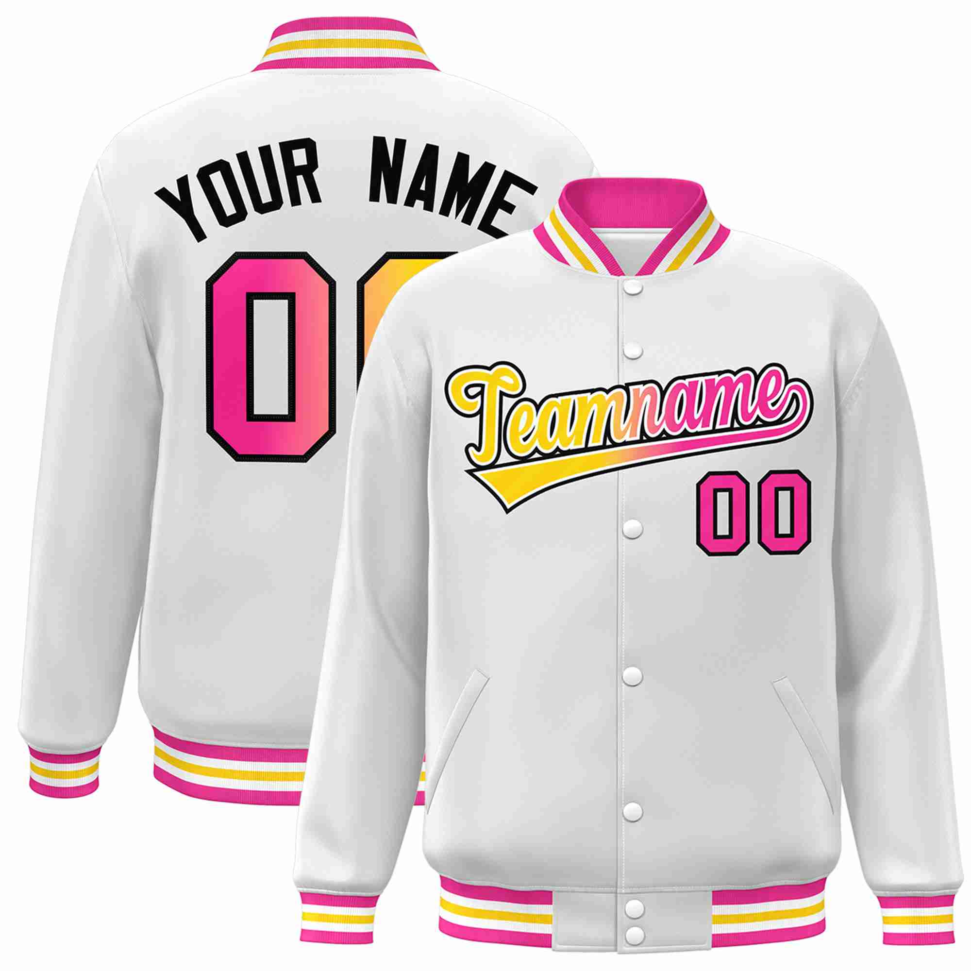 Custom White Yellow-White Gradient Fashion Letterman Bomber Varsity Jacket