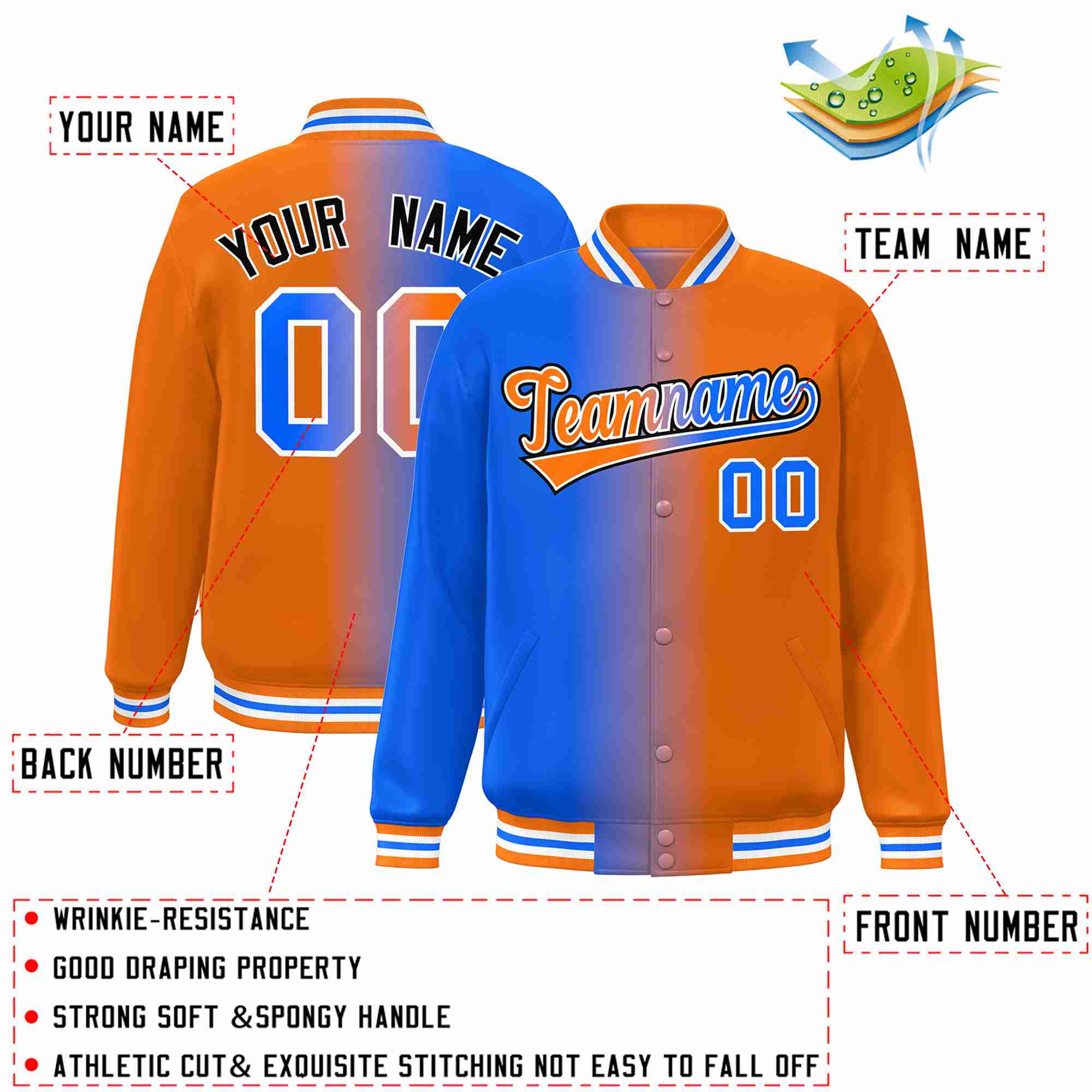 Custom Blue Orange-White Gradient Fashion Letterman Bomber Varsity Jacket