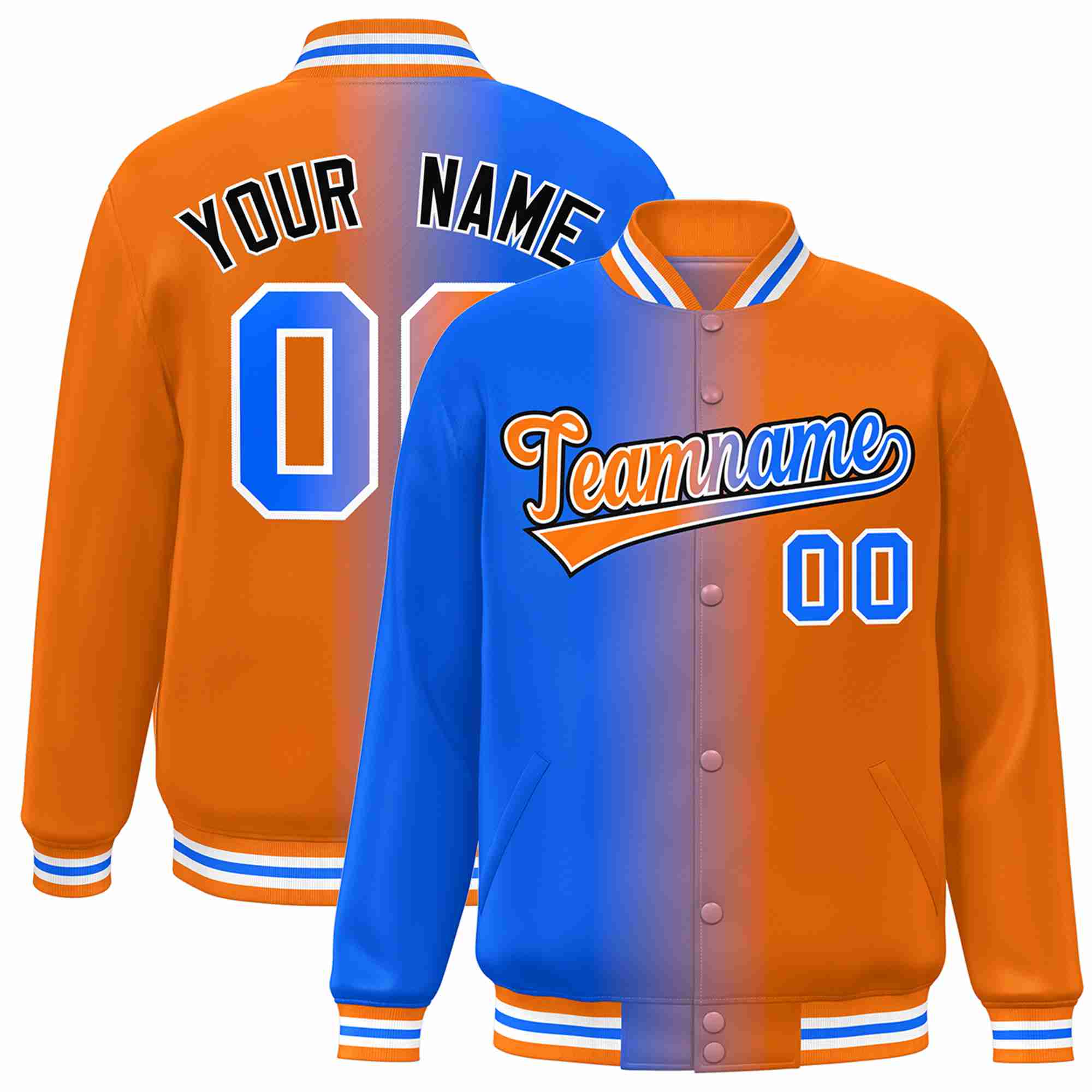 Veste Varsity Bomber Letterman à la mode dégradé bleu orange-blanc personnalisée