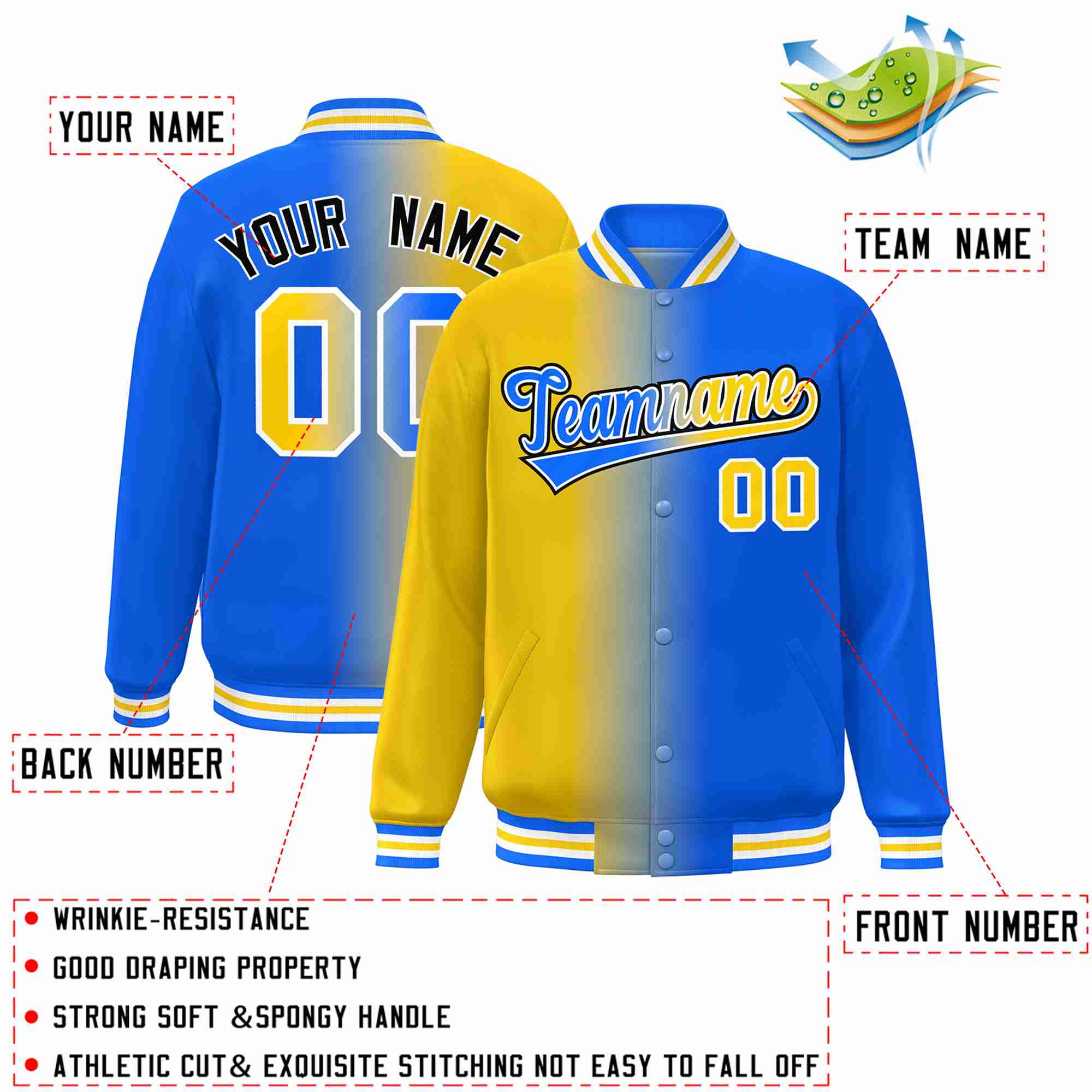 Custom Yellow Blue-White Gradient Fashion Letterman Bomber Varsity Jacket