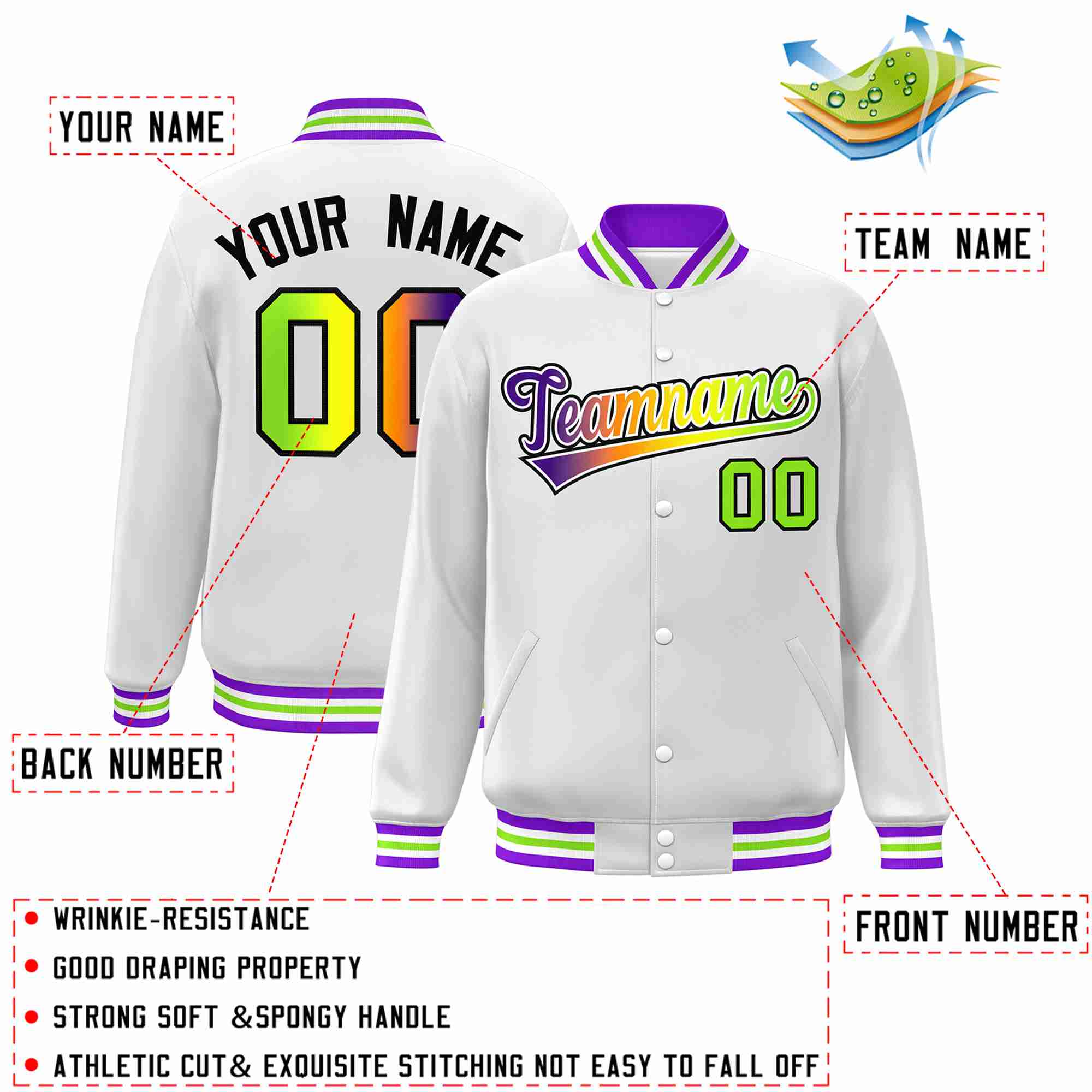 Custom White Purple-White Gradient Fashion Letterman Bomber Varsity Jacket