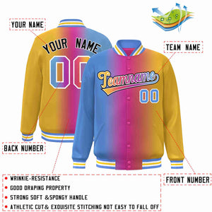 Custom Light Blue Purple-Yellow-White Gradient Fashion Letterman Bomber Varsity Jacket