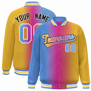 Custom Light Blue Purple-Yellow-White Gradient Fashion Letterman Bomber Varsity Jacket