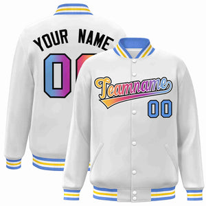 Custom White Yellow-White Gradient Fashion Letterman Bomber Varsity Jacket