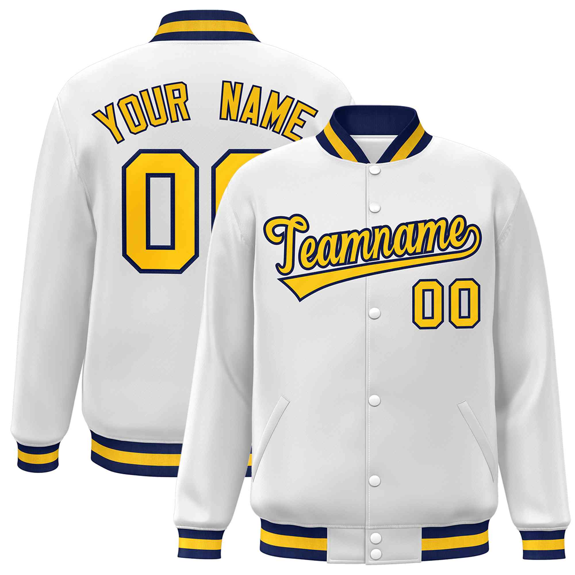 Custom White Gold-Navy Classic Style Varsity Full-Snap Letterman Jacket