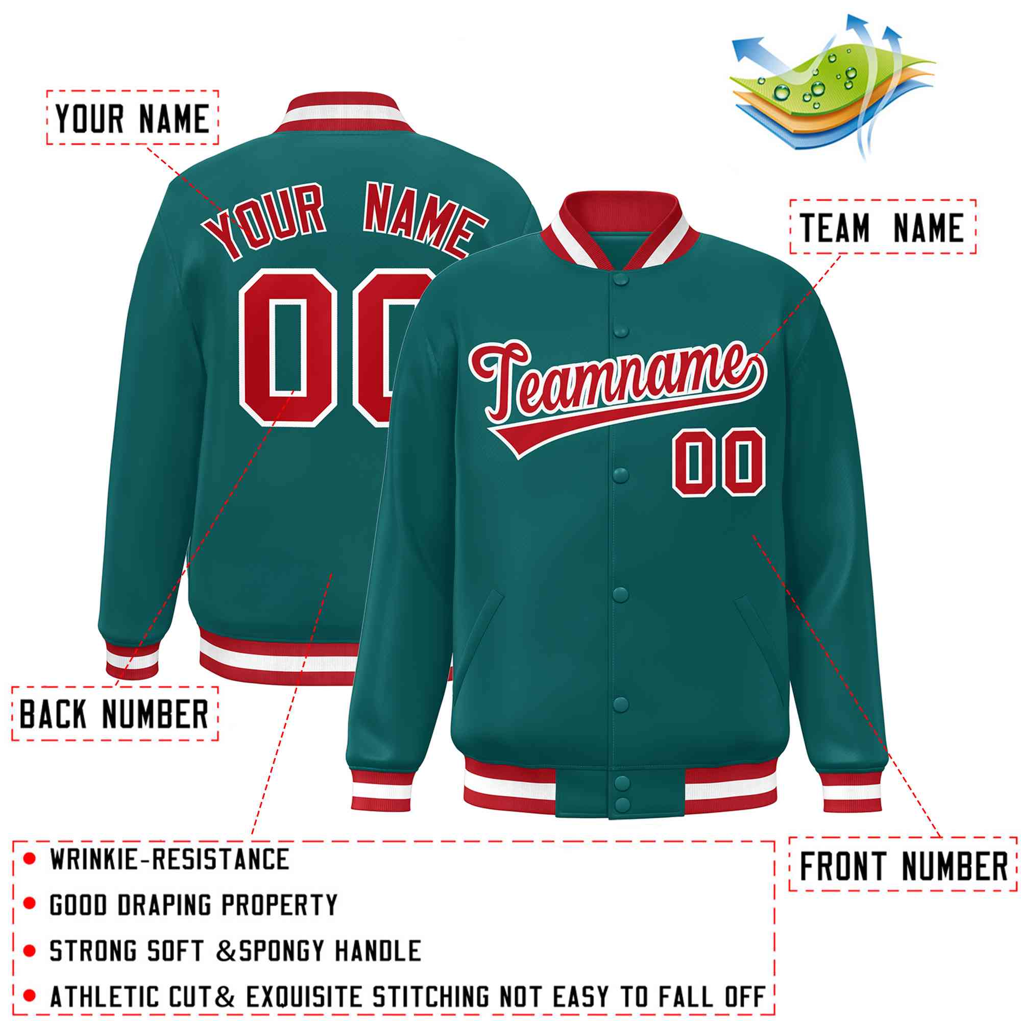 Custom Aqua Red-White Classic Style Varsity Full-Snap Letterman Jacket