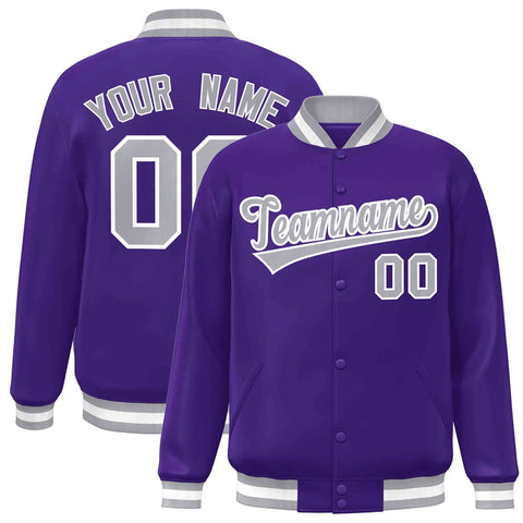 Custom Purple Gray-White Classic Style Varsity Full-Snap Letterman Jacket