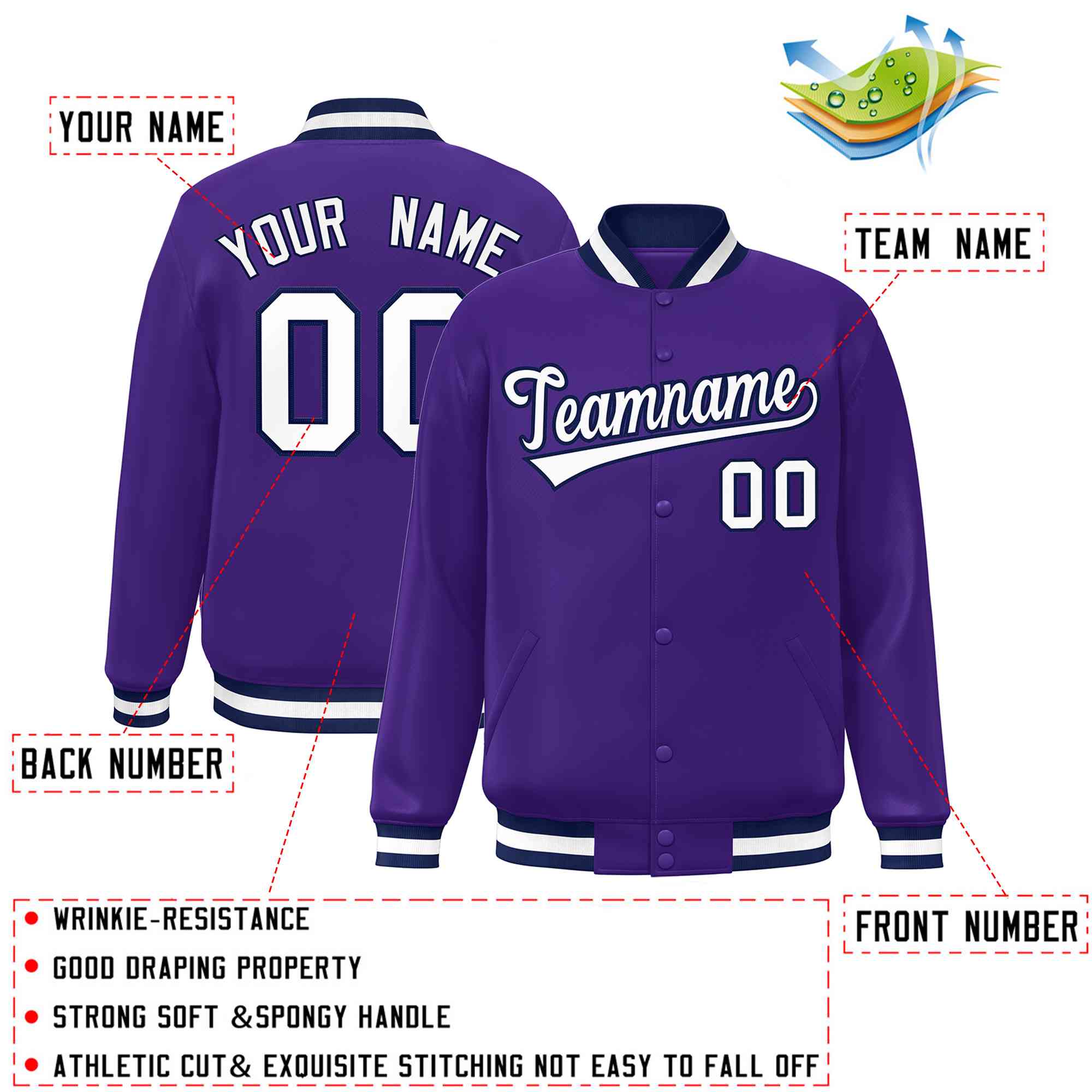 Custom Purple White-Navy Classic Style Varsity Full-Snap Letterman Jacket