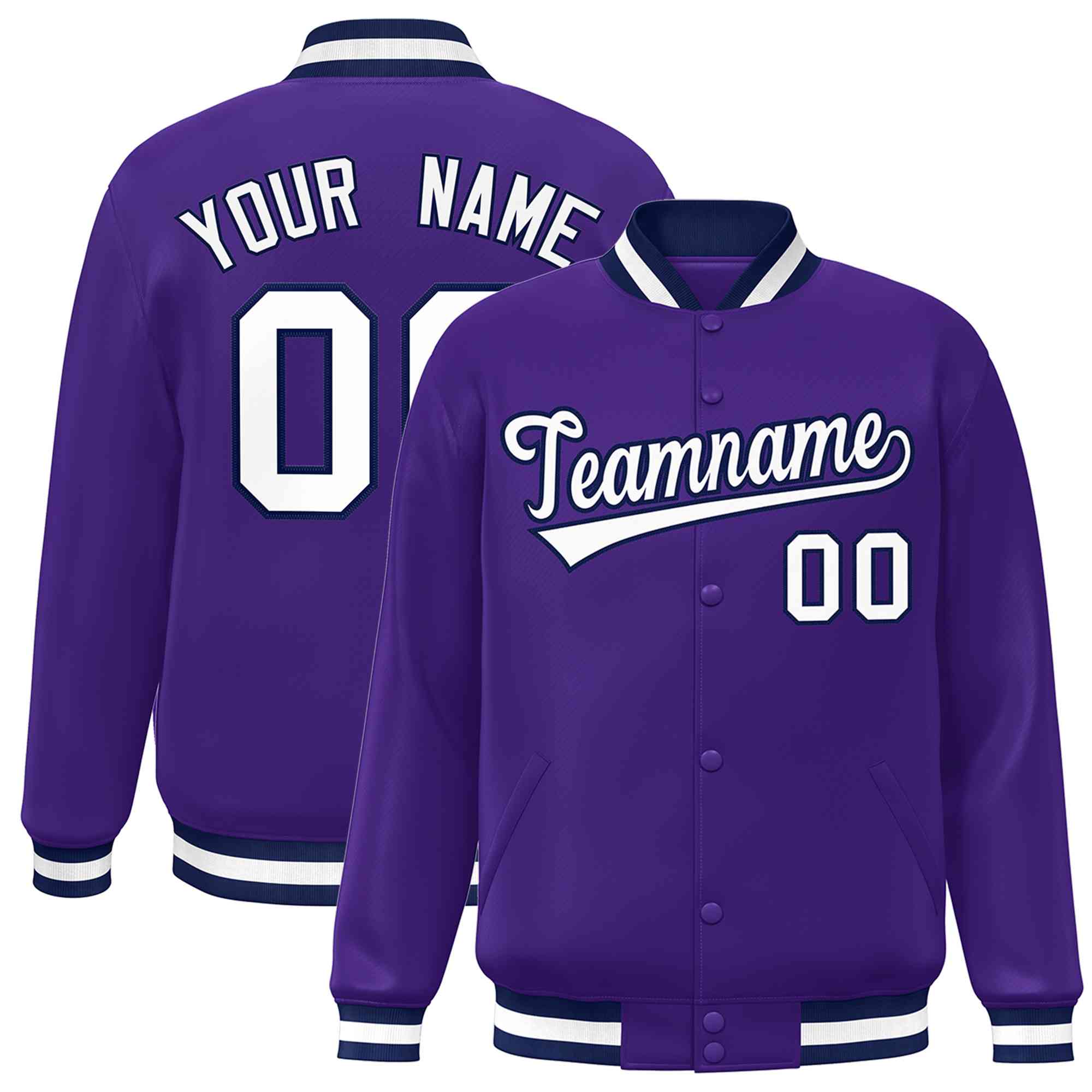 Custom Purple White-Navy Classic Style Varsity Full-Snap Letterman Jacket