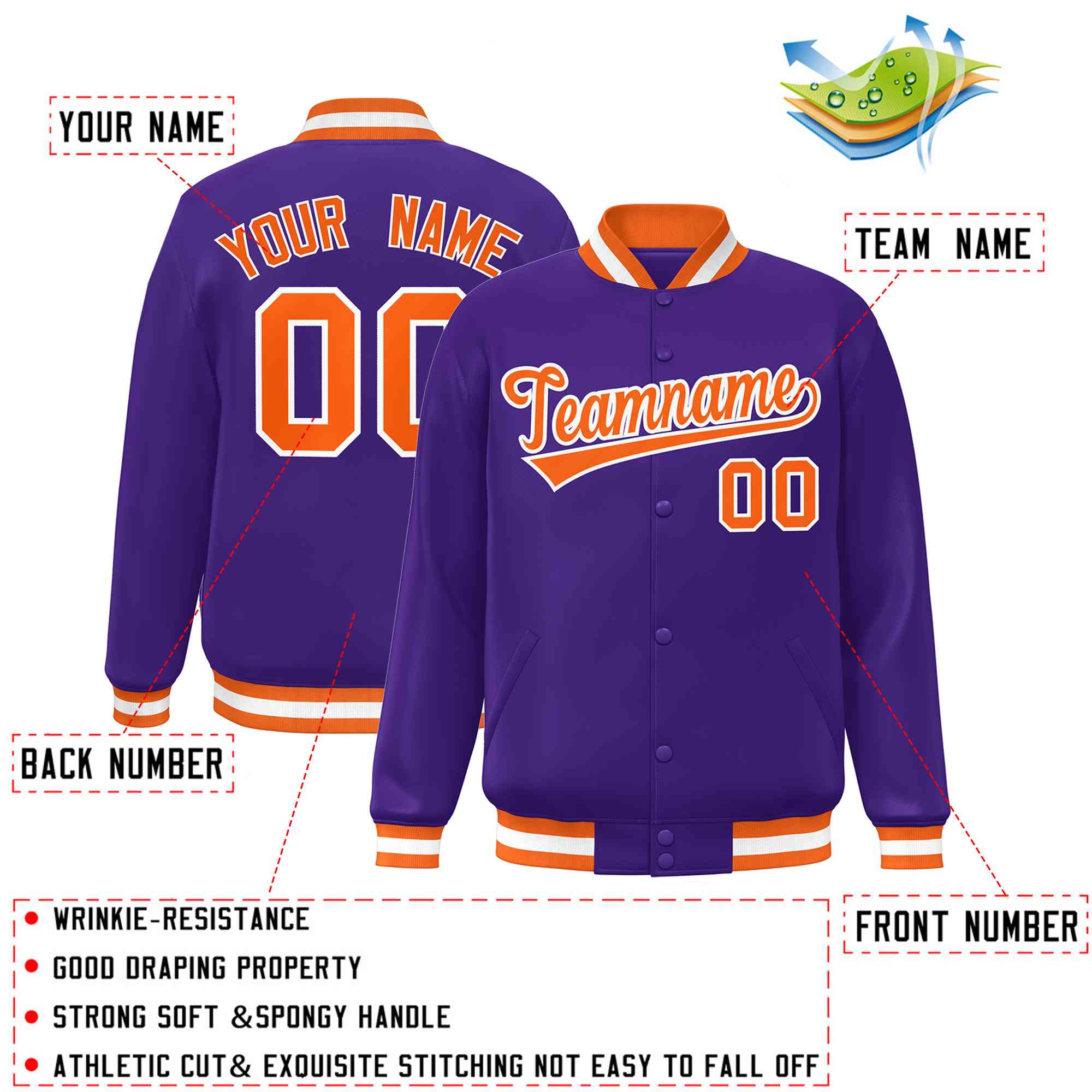 Custom Purple Orange-White Classic Style Varsity Full-Snap Letterman Jacket