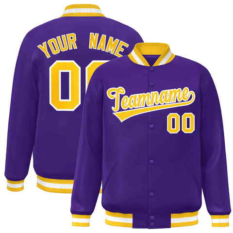Custom Purple Gold-White Classic Style Varsity Full-Snap Letterman Jacket