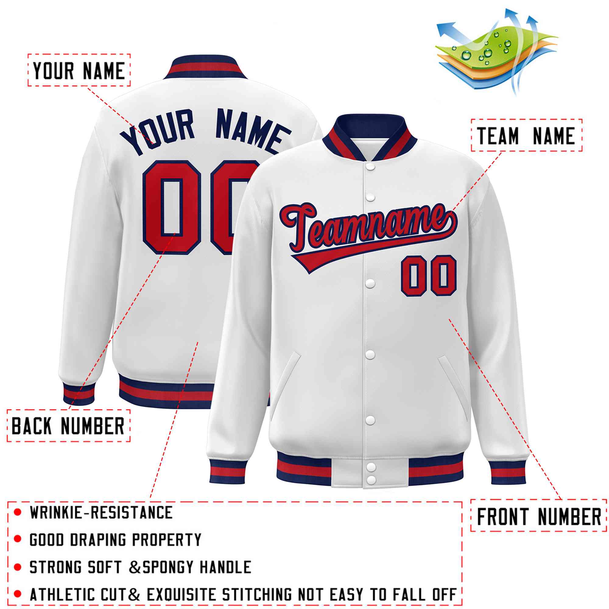 Custom White Red-Navy Classic Style Varsity Full-Snap Letterman Jacket