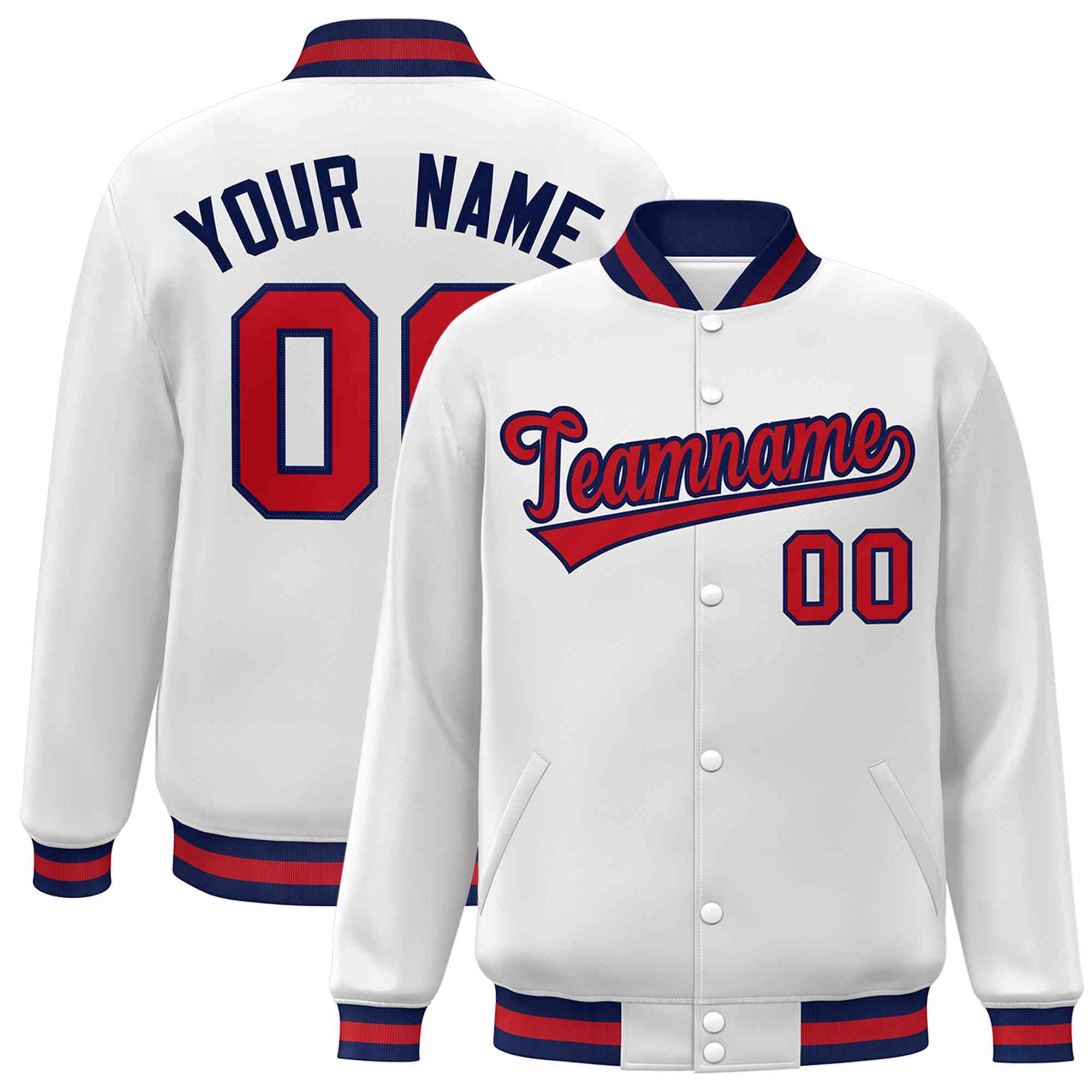 Custom White Red-Navy Classic Style Varsity Full-Snap Letterman Jacket