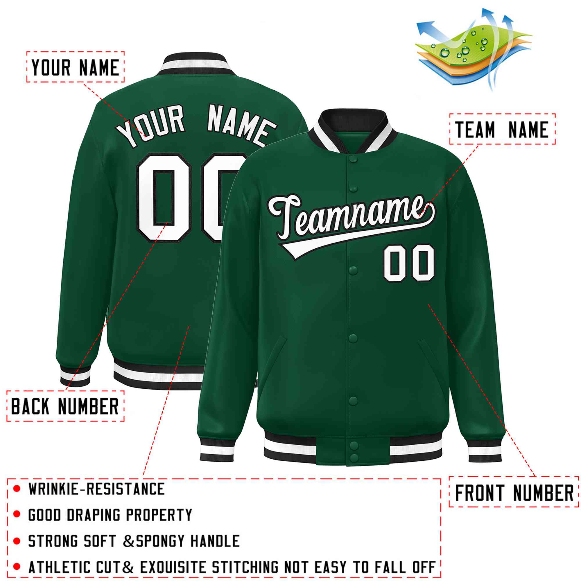 Custom Green White-Black Classic Style Varsity Full-Snap Letterman Jacket