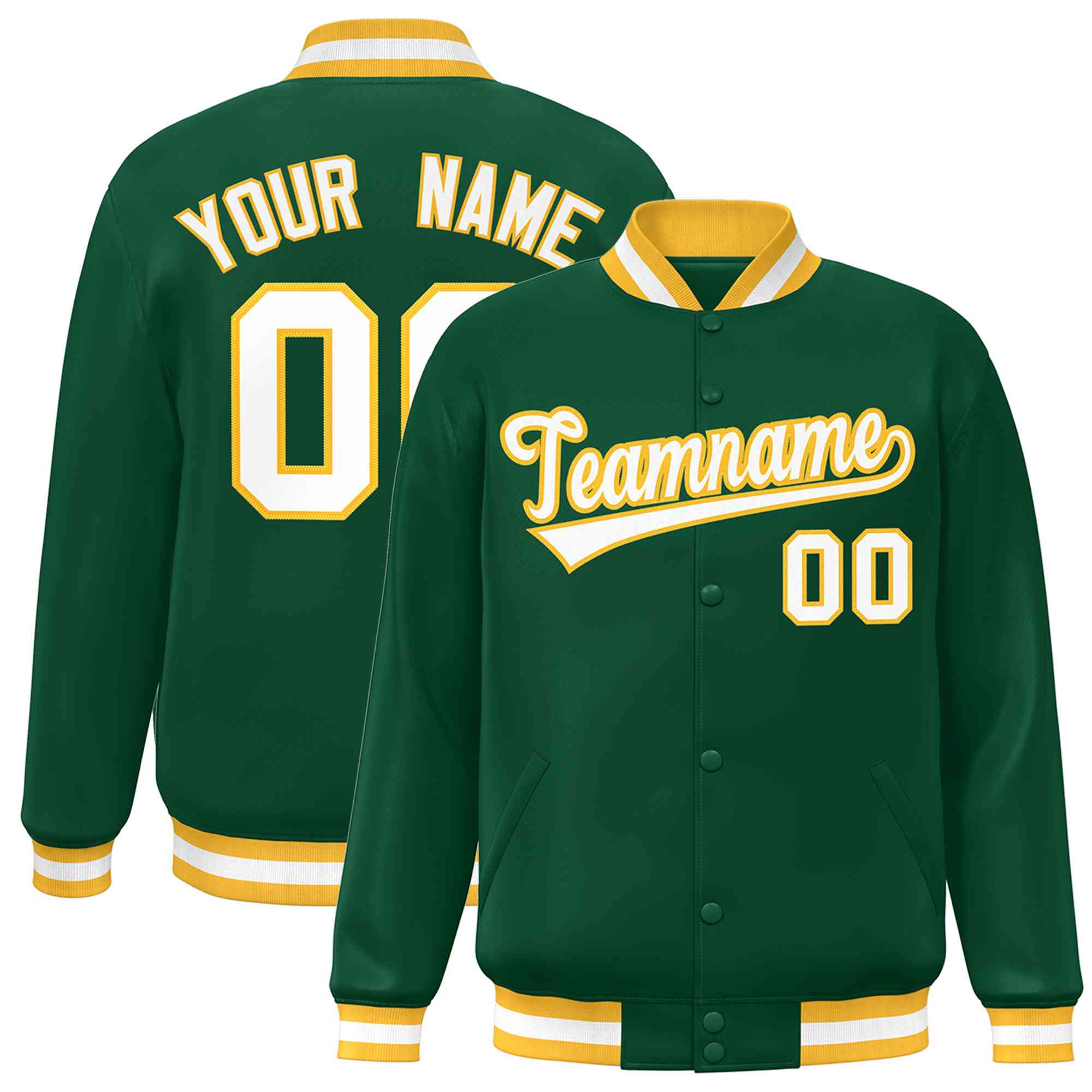 Custom Green White-Gold Classic Style Varsity Full-Snap Letterman Jacket