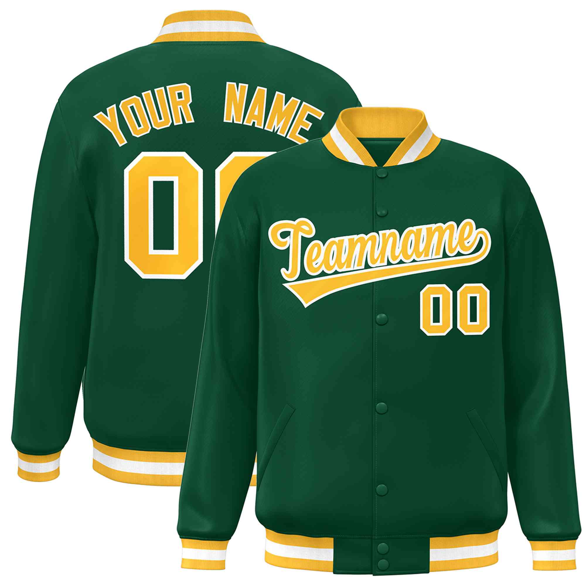 Custom Green Gold White Classic Style Varsity Full Snap Letterman Jack