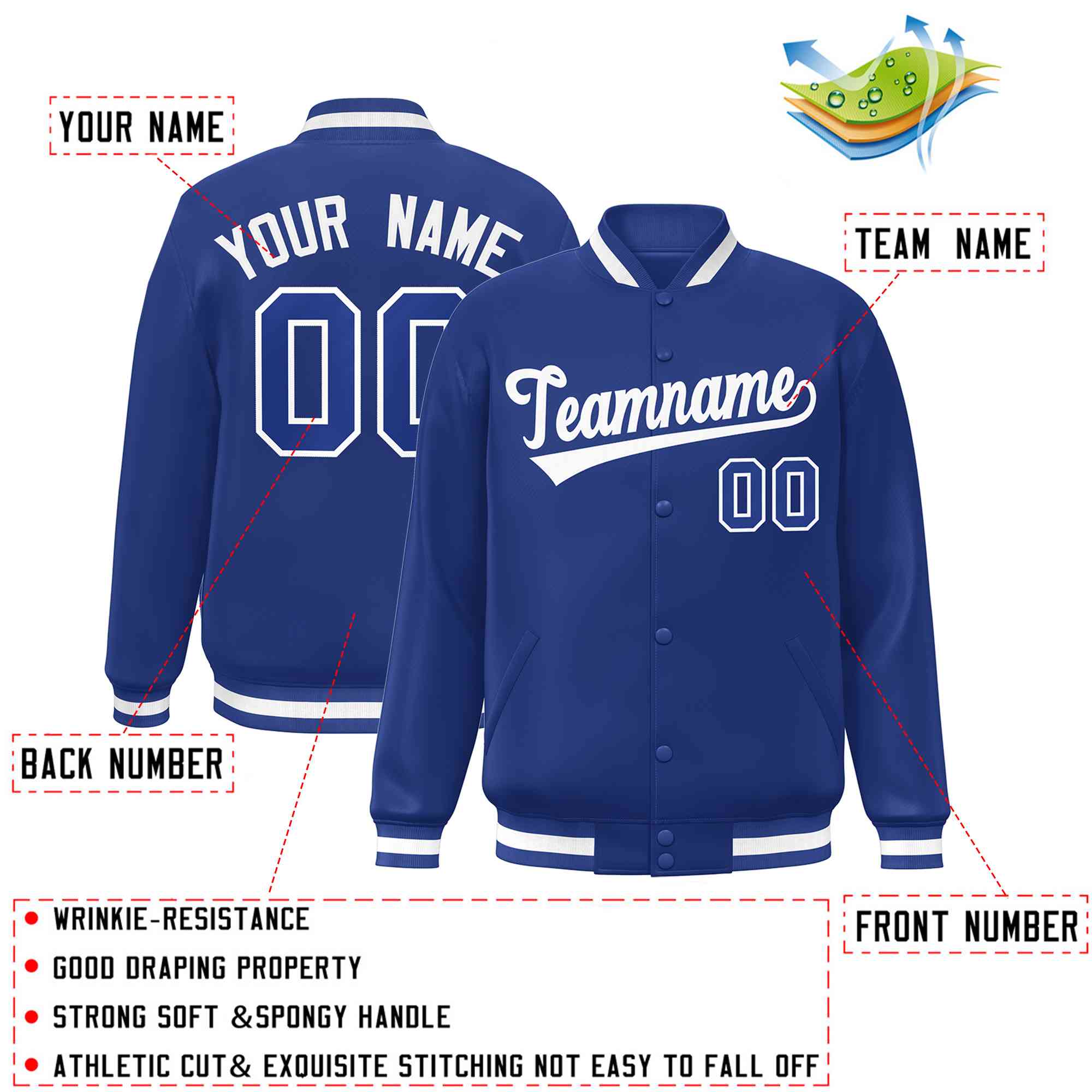 Custom Royal White Classic Style Varsity Full-Snap Letterman Jacket