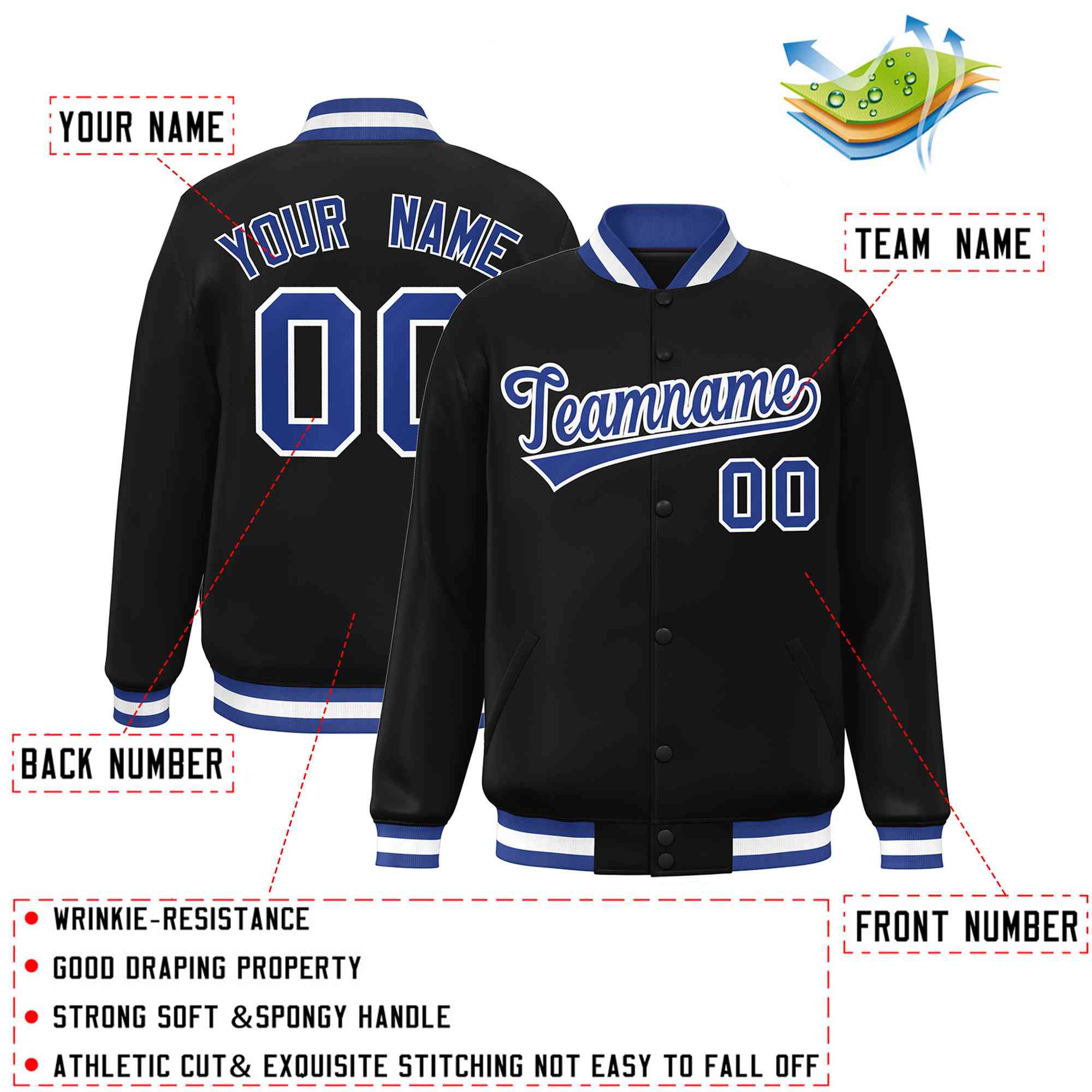 Custom Black Royal-White Classic Style Varsity Full-Snap Letterman Jacket