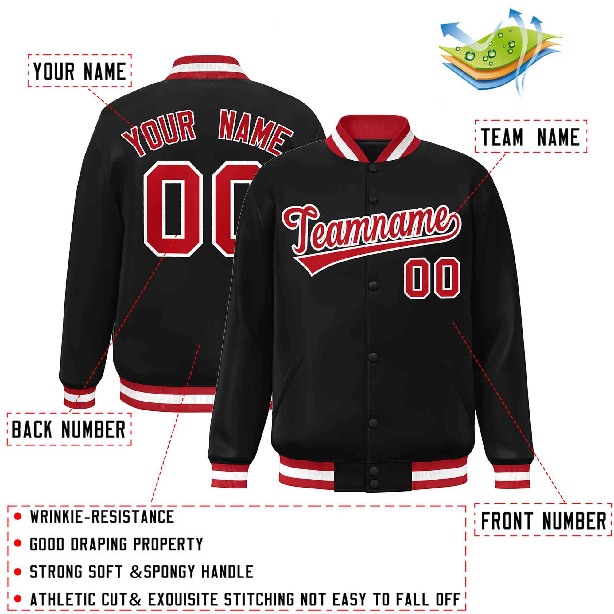 Custom Black Red-White Classic Style Varsity Full-Snap Letterman Jacket