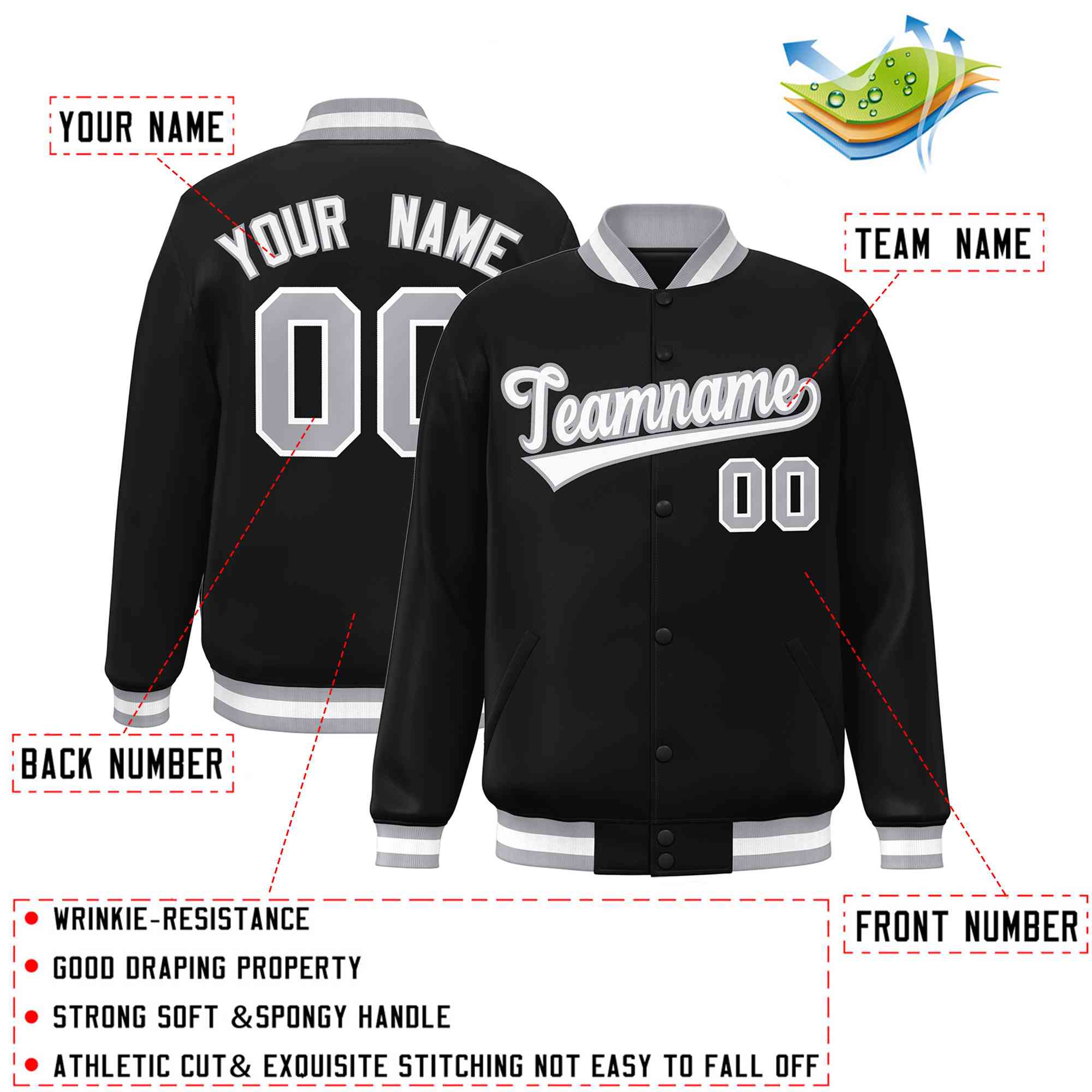 Custom Black White-Gray Classic Style Varsity Full-Snap Letterman Jacket