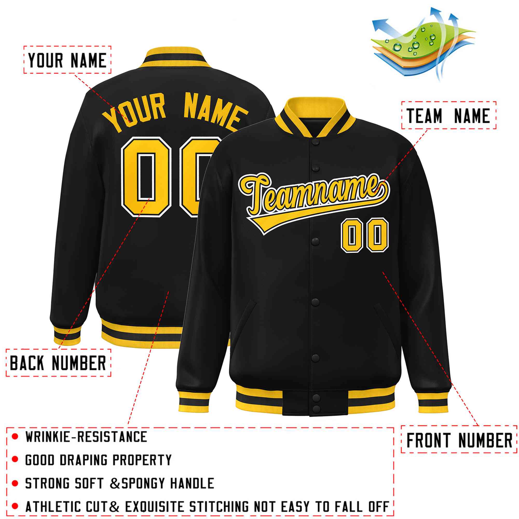 Custom Black Gold-Black Classic Style Varsity Full-Snap Letterman Jacket