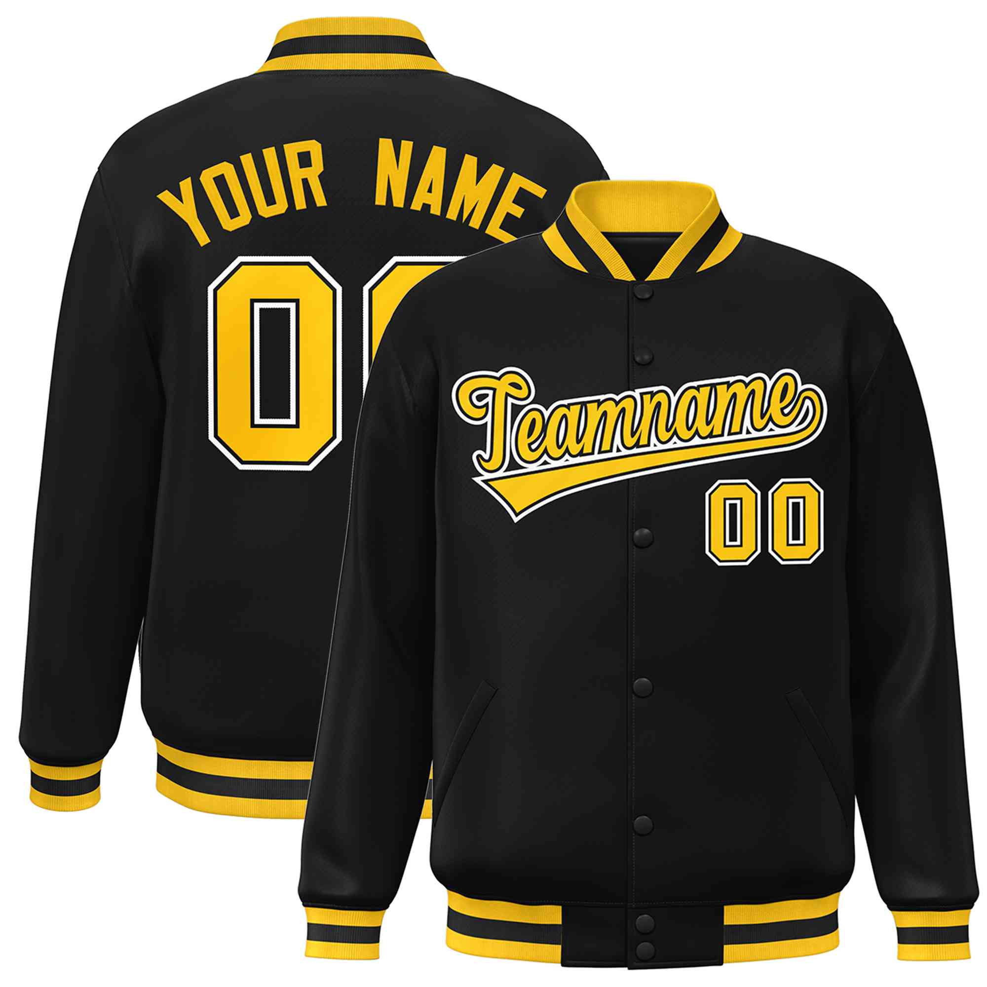 Custom Black Gold-Black Classic Style Varsity Full-Snap Letterman Jacket