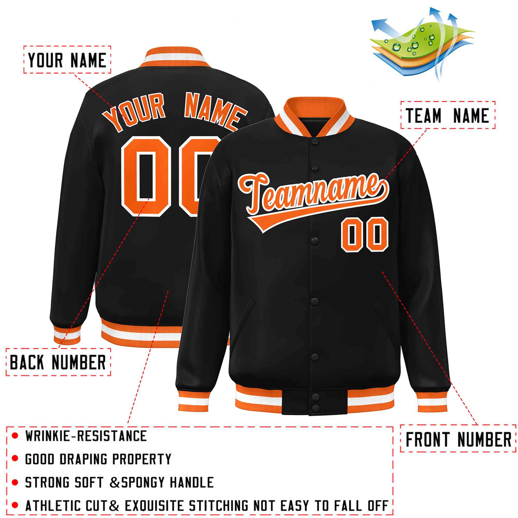 Custom Black Orange-White Classic Style Varsity Full-Snap Letterman Jacket