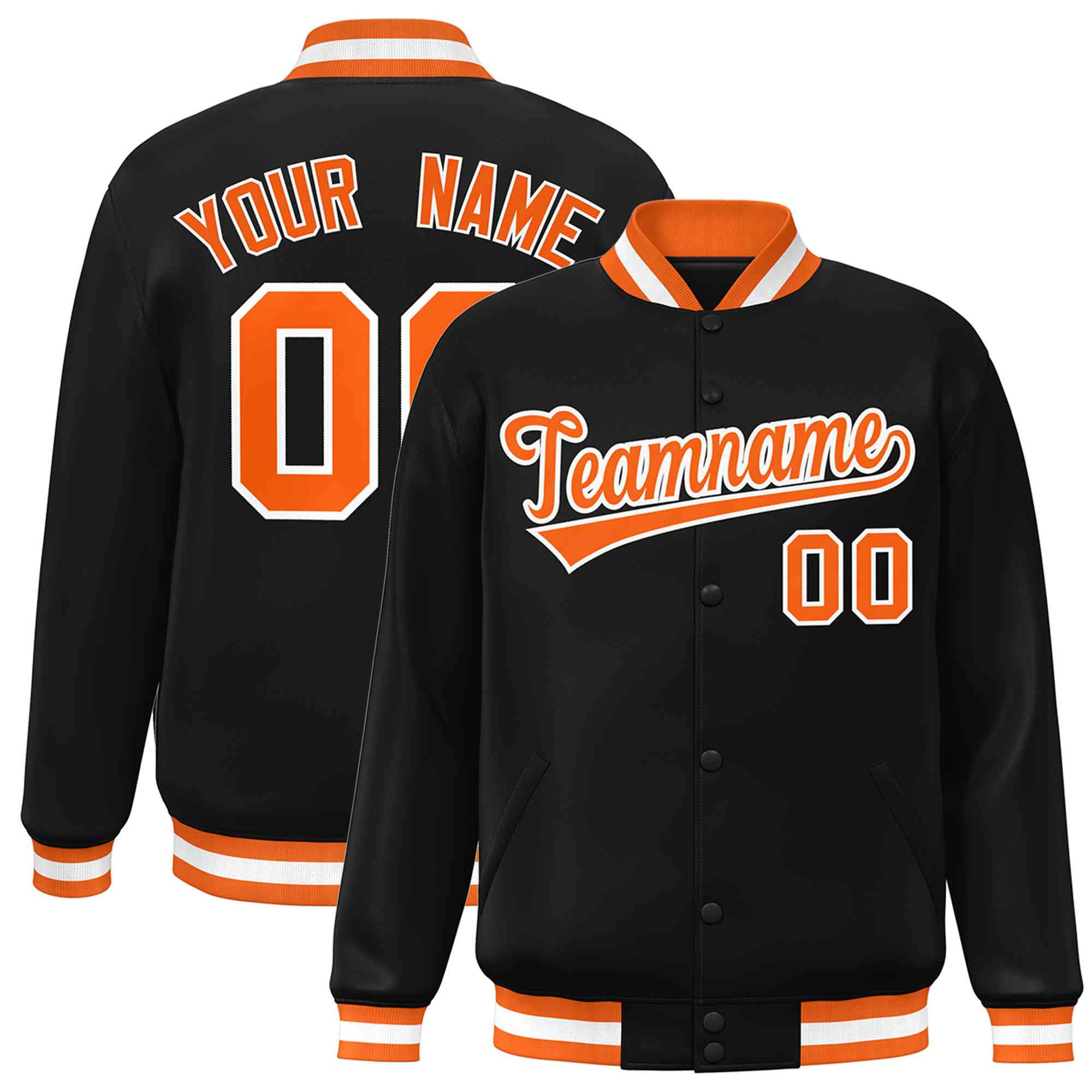 Custom Black Orange-White Classic Style Varsity Full-Snap Letterman Jacket