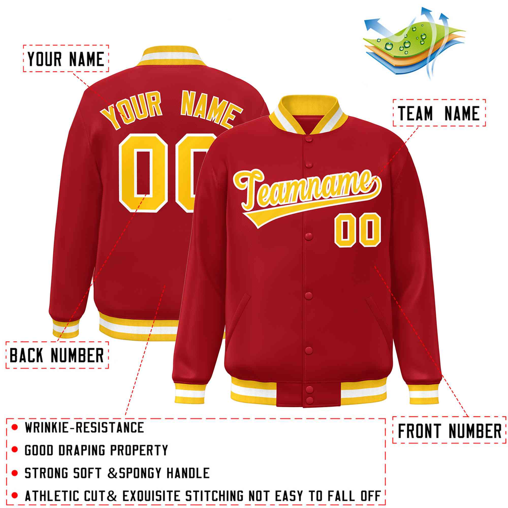 Custom Red Gold-White Classic Style Varsity Full-Snap Letterman Jacket