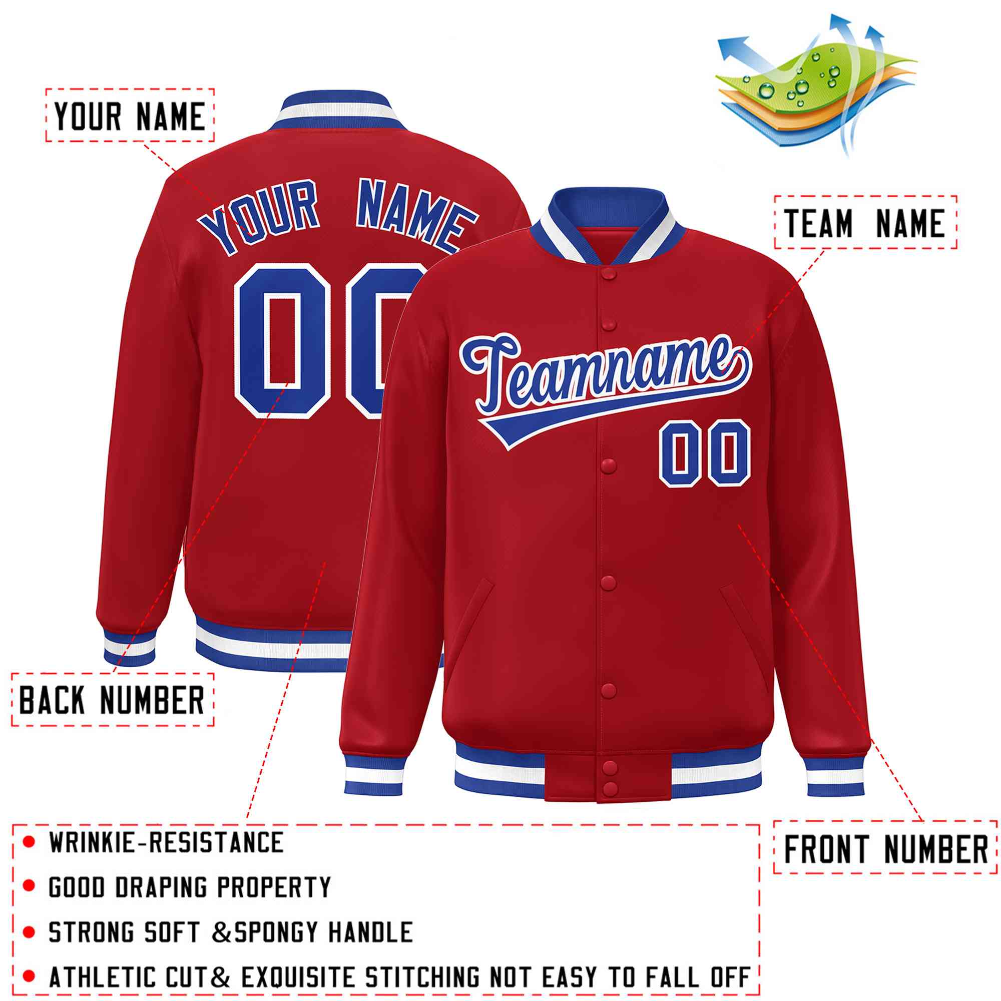 Custom Red Royal-White Classic Style Varsity Full-Snap Letterman Jacket