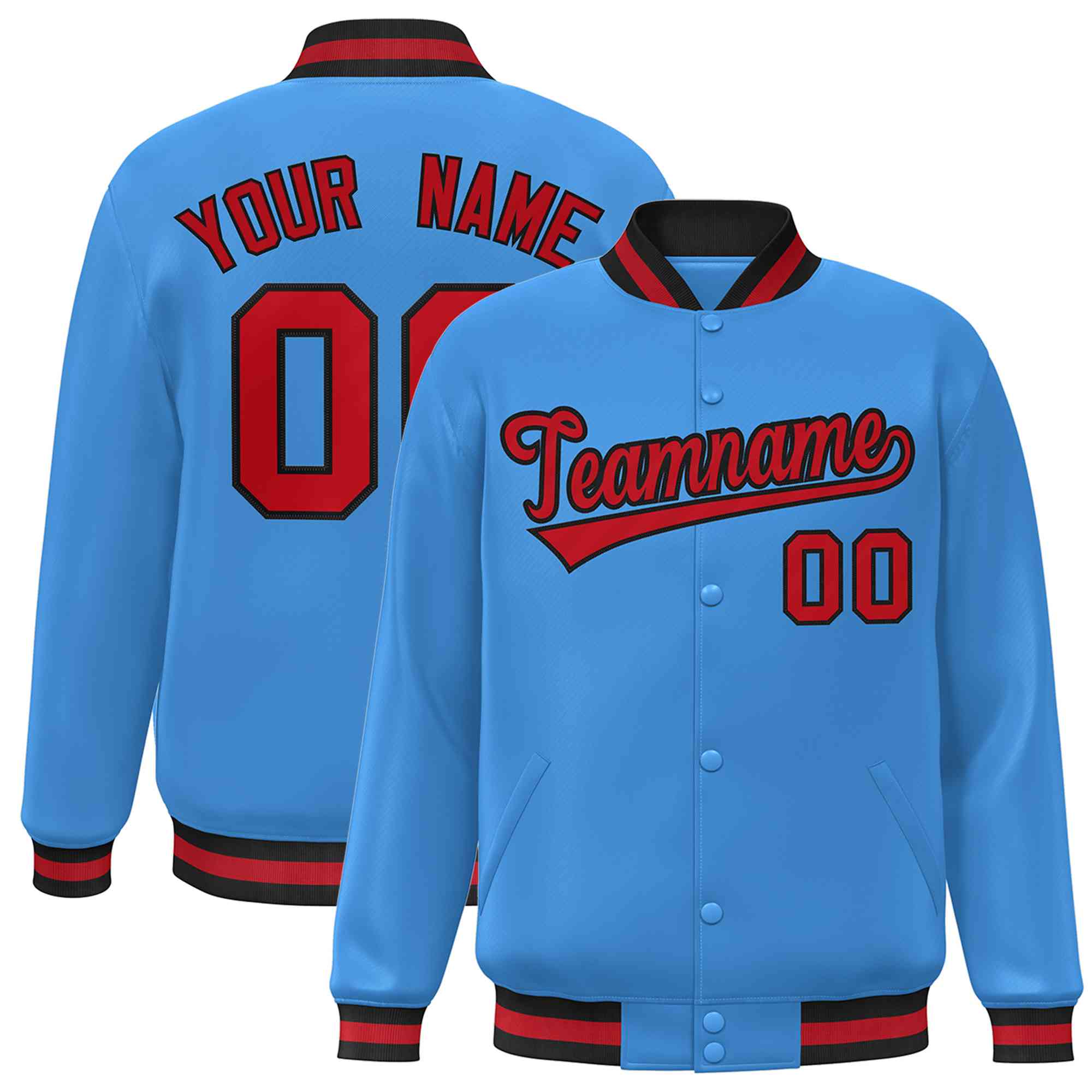 Custom Powder Blue Red-Black Classic Style Varsity Full-Snap Letterman Jacket