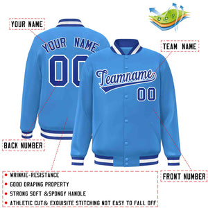 Custom Powder Blue Royal-White Classic Style Varsity Full-Snap Letterman Jacket