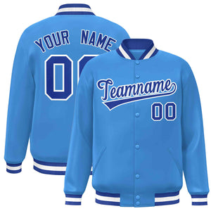 Custom Powder Blue Royal-White Classic Style Varsity Full-Snap Letterman Jacket