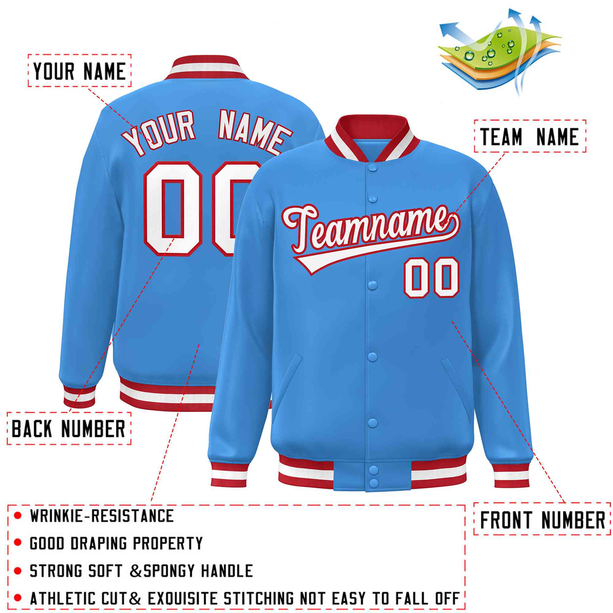 Custom Powder Blue White-Red Classic Style Varsity Full-Snap Letterman Jacket