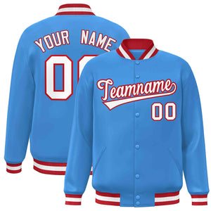 Custom Powder Blue White-Red Classic Style Varsity Full-Snap Letterman Jacket