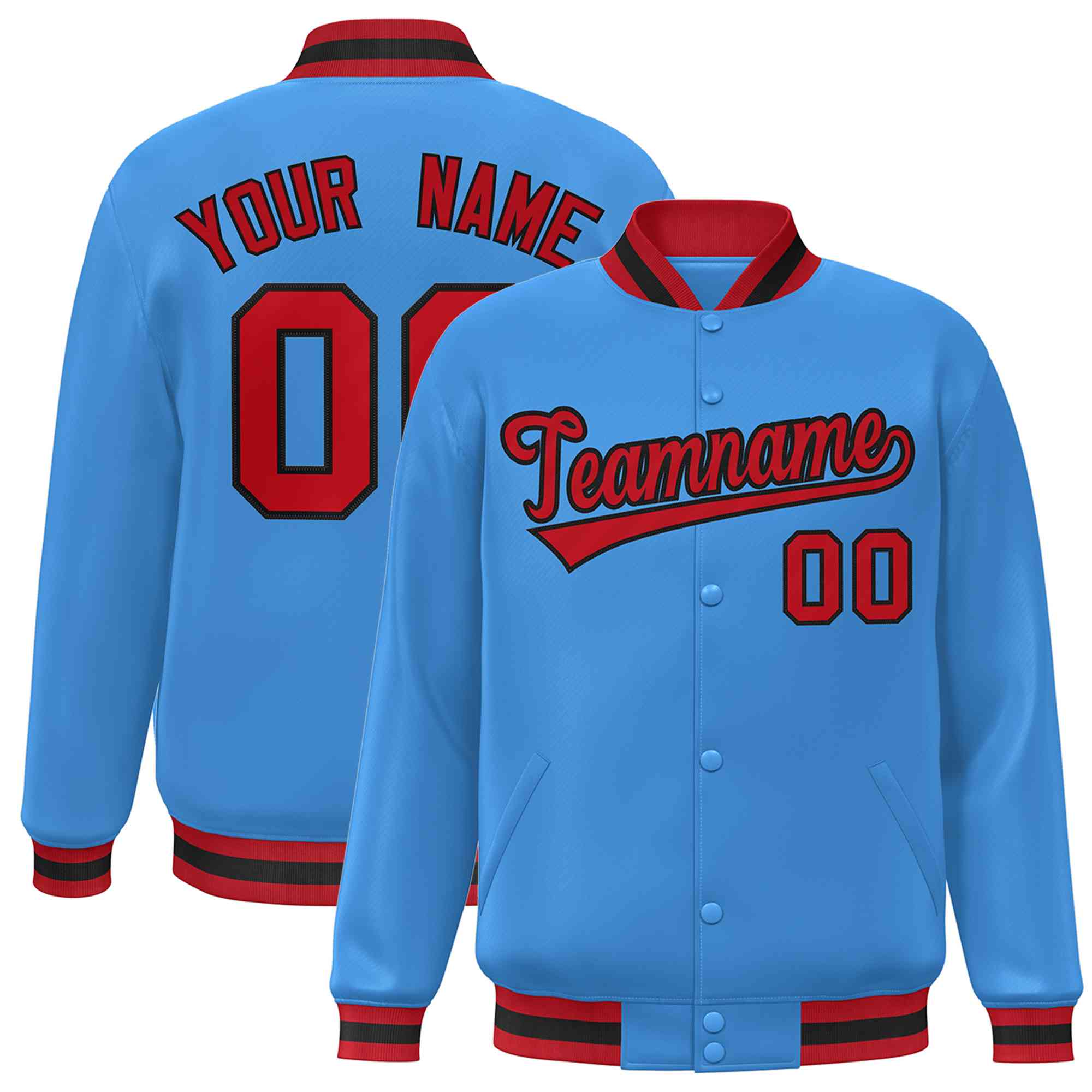 Custom Powder Blue Red-Black Classic Style Varsity Full-Snap Letterman Jacket