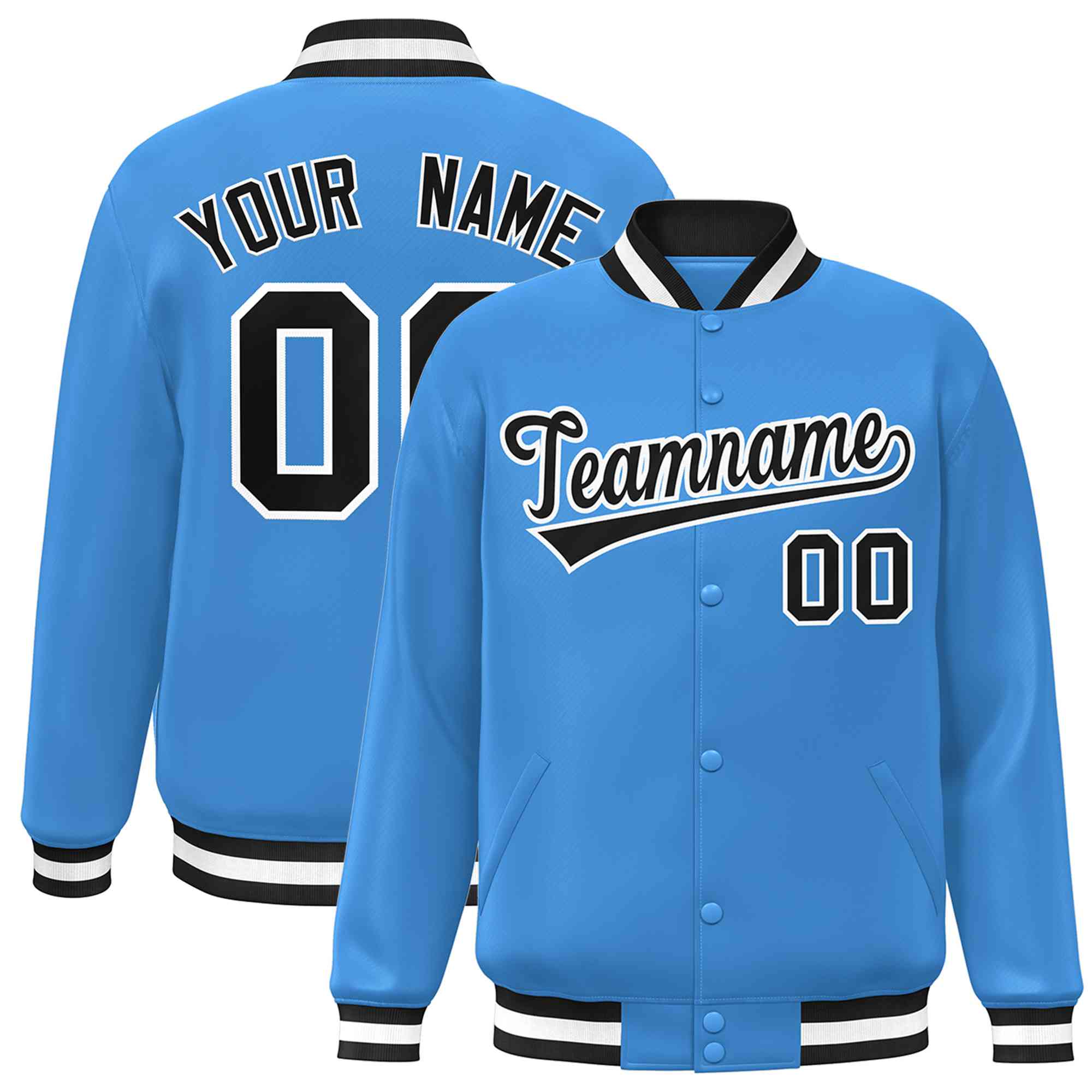 Custom Powder Blue Black-White Classic Style Varsity Full-Snap Letterman Jacket