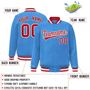 Custom Powder Blue Red-White Classic Style Varsity Full-Snap Letterman Jacket