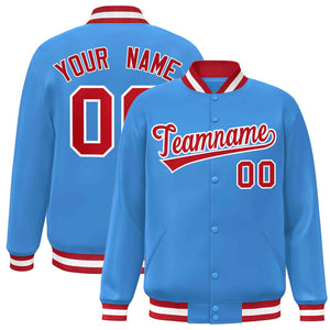 Custom Powder Blue Red-White Classic Style Varsity Full-Snap Letterman Jacket