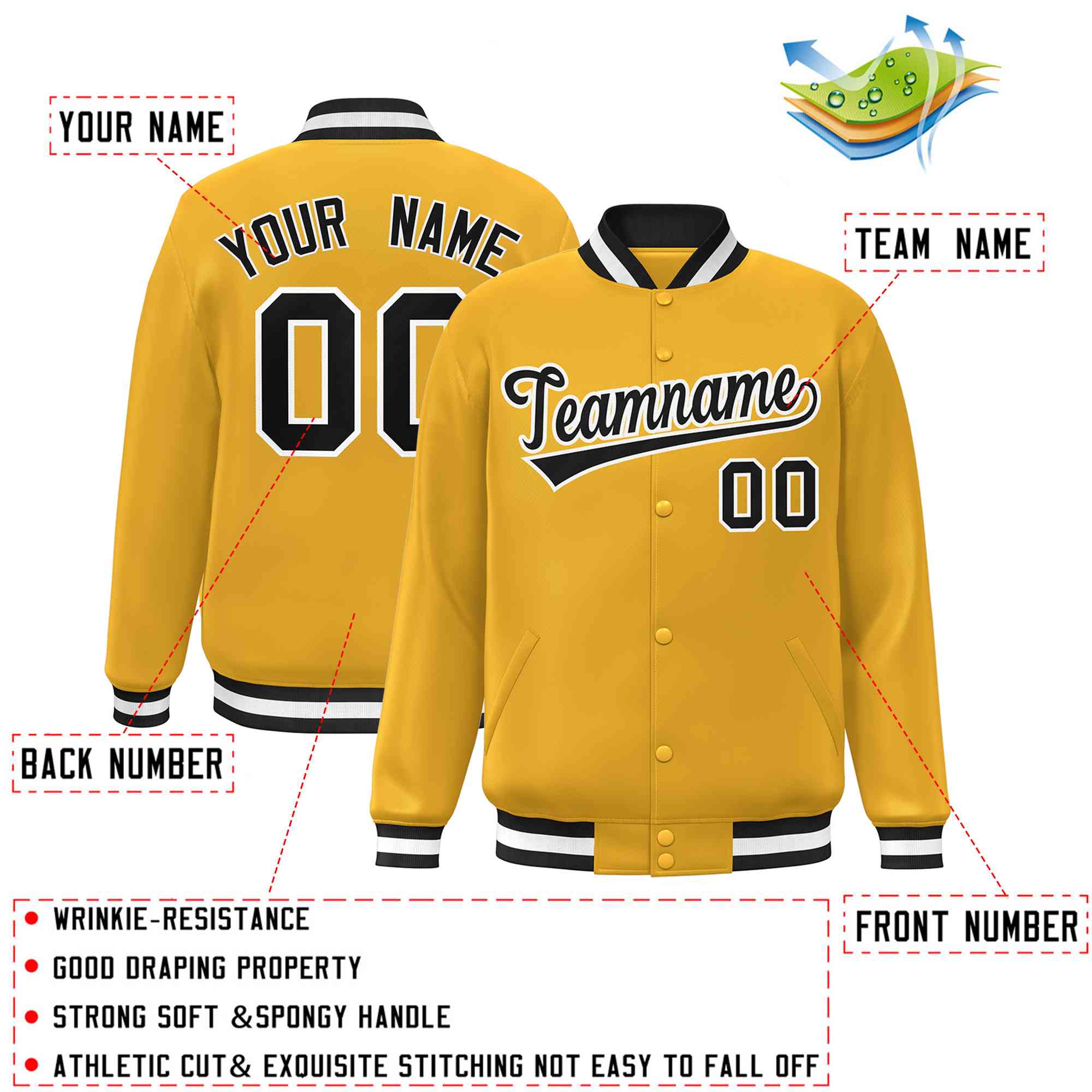 Custom Gold Black-White Classic Style Varsity Full-Snap Letterman Jacket