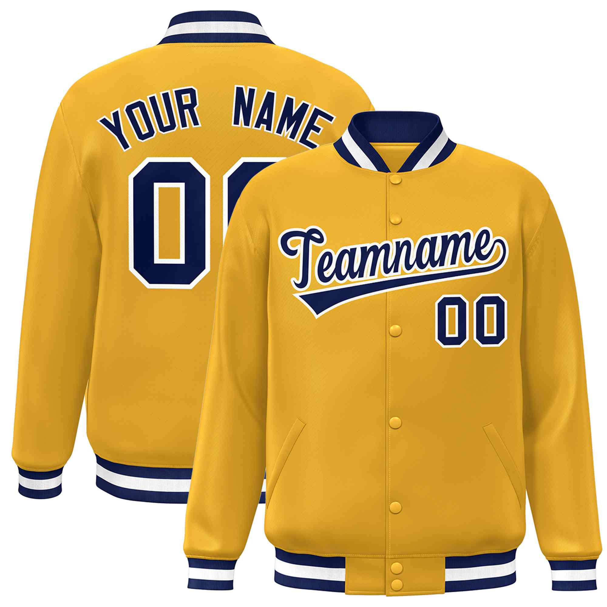 Custom Gold Navy-White Classic Style Varsity Full-Snap Letterman Jacket