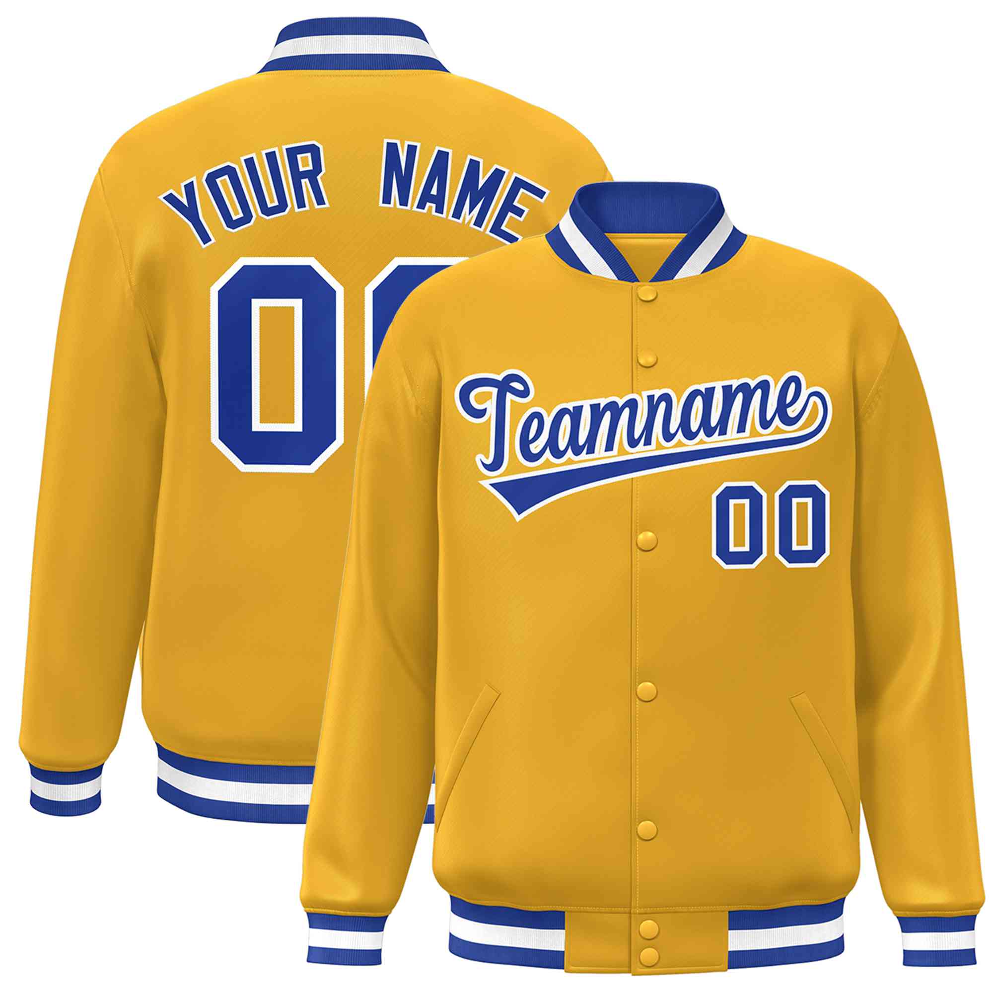 Custom Gold Royal-White Classic Style Varsity Full-Snap Letterman Jacket