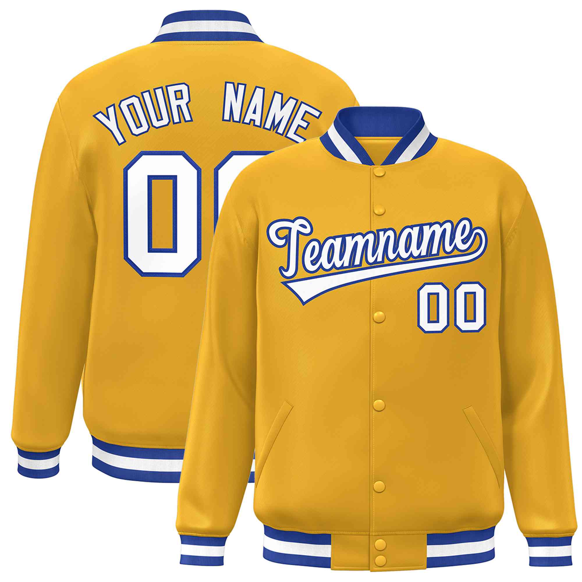 Custom Gold White-Royal Classic Style Varsity Full-Snap Letterman Jacket