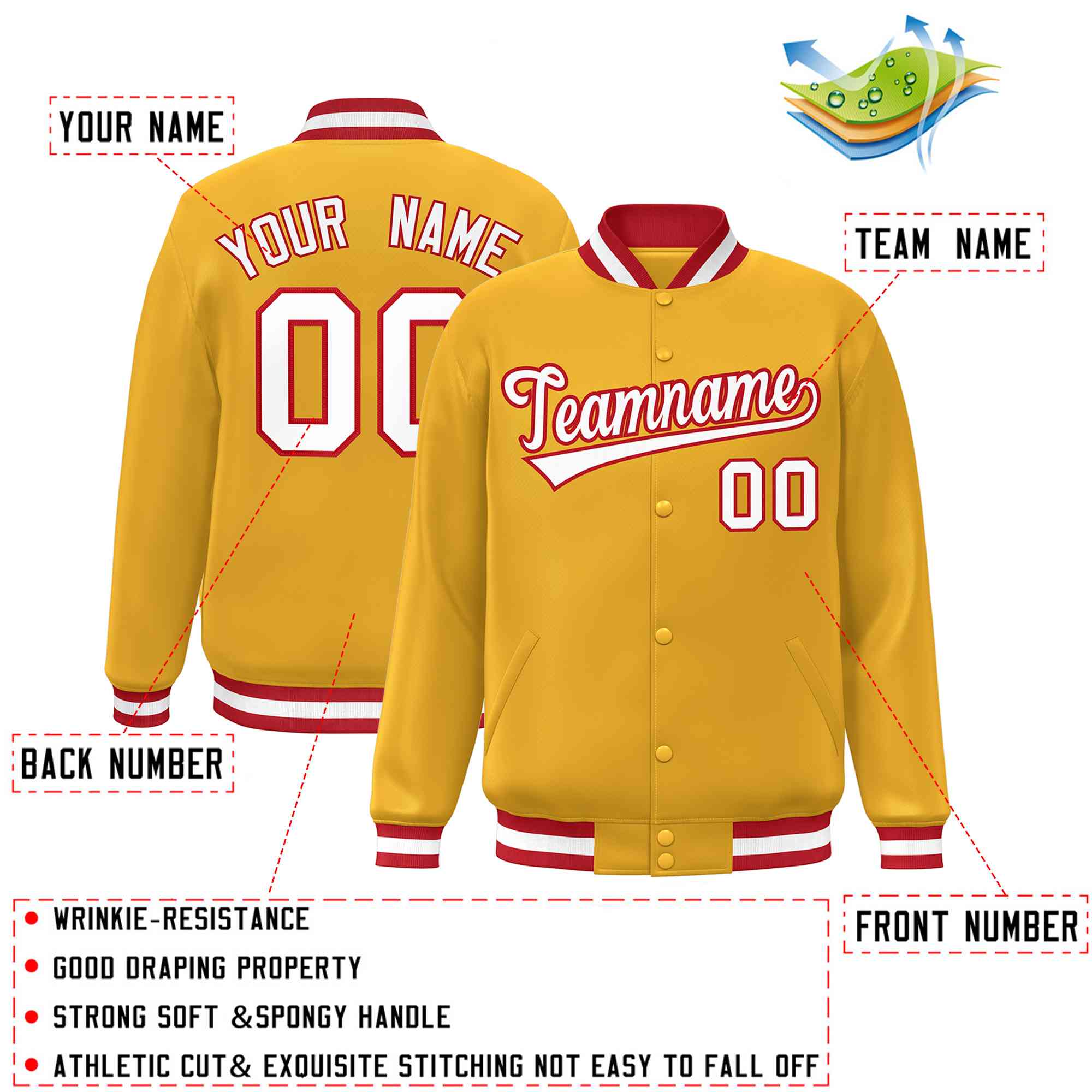 Custom Gold White-Red Classic Style Varsity Full-Snap Letterman Jacket