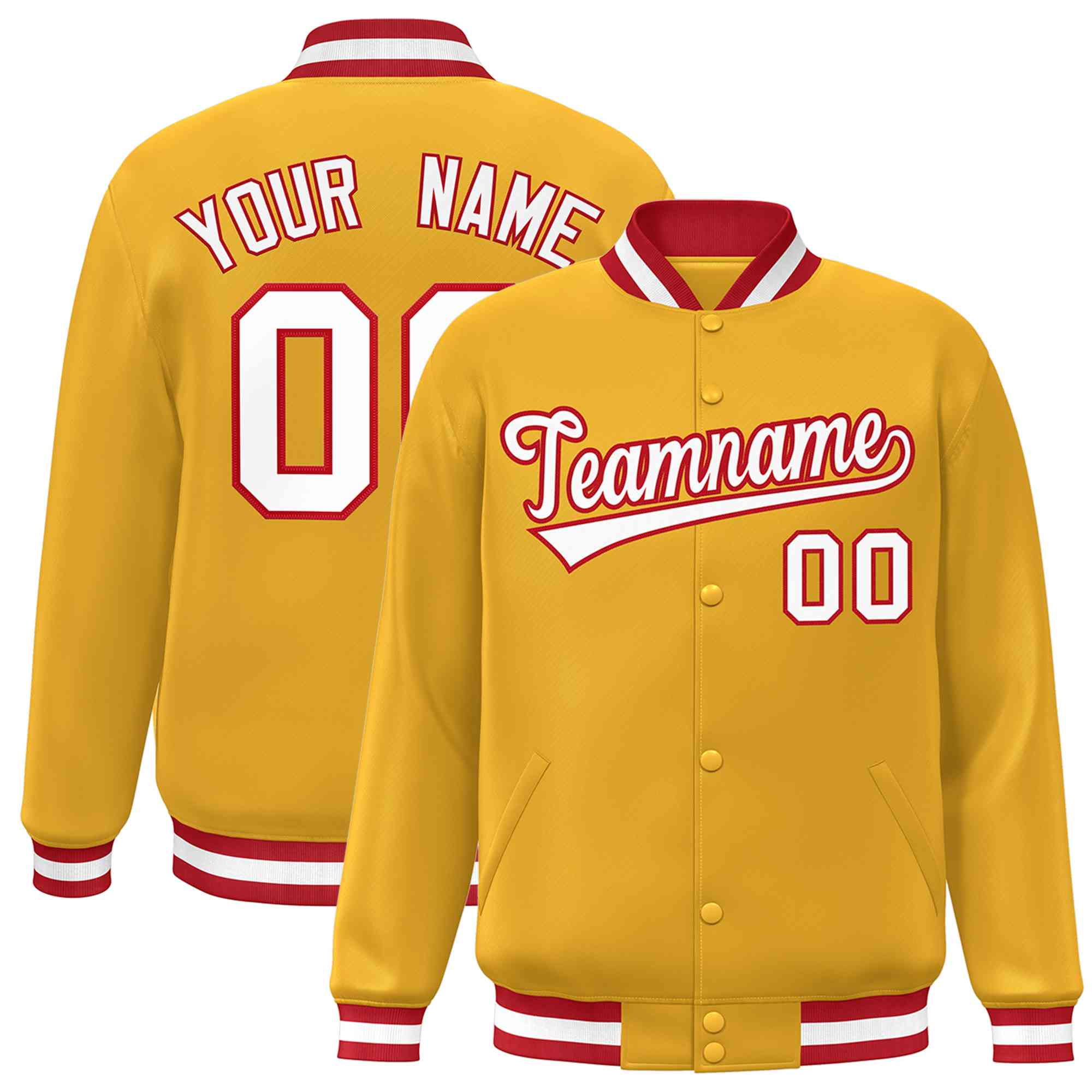 Custom Gold White-Red Classic Style Varsity Full-Snap Letterman Jacket